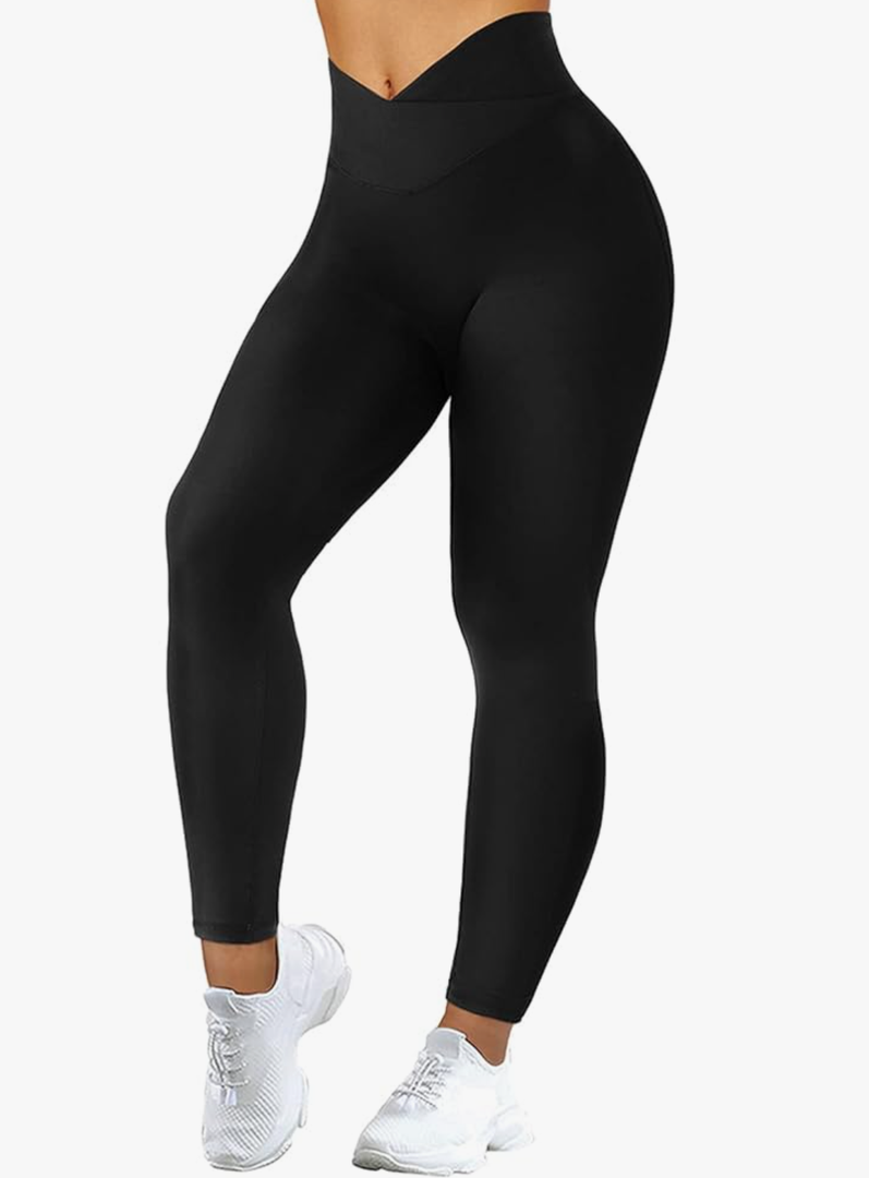 MOOSLOVER Women V Cross Waist Butt Lifting Leggings with Pockets High Waisted Yoga Pants( XL, Black)