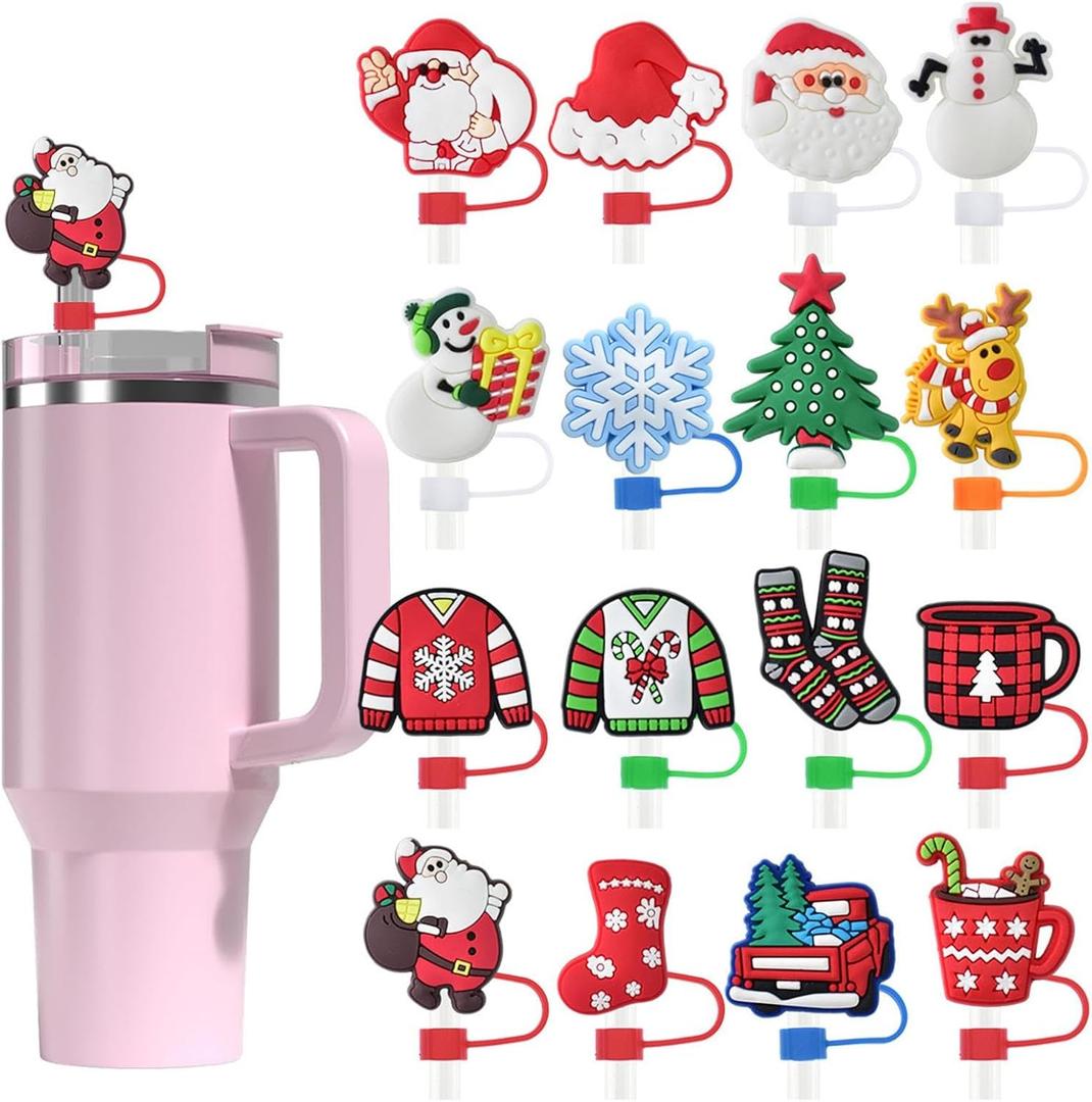 7pcs Christmas Straw Covers - Silicone Covers for 10mm Straws, Reusable Straw Cover Caps for Christmas Decor, Stanley Cup Straw Toppers Gifts Holiday Decorations