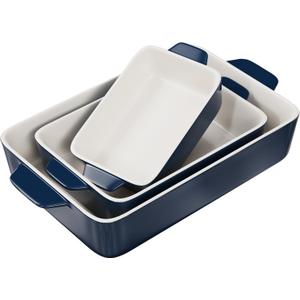 Kook Casserole Dish, Ceramic Baking Dish, Large Lasagna Pan Deep for Oven, 8.5 x 14, 11 x 7, 8 x 5, Set of 3, 92oz, 50oz, 20oz, Baking Pan with Handles, Oven Safe and Durable, Home, Gift, (Navy)