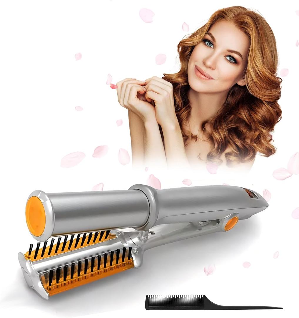 2-in-1 Rotating Hair Curler & Straightener with Auto Curl Technology, Dual Voltage, Anti-Frizz, Fast Heating, Dry and Wet Styling Tool, Travel for Girls Women
