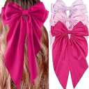 3Pcs Satin Hair Accessories: Big Bows, Hair Ties, and Long Tail Clips for Women and Girls (Purple, Pink, Magenta), Pack of 2