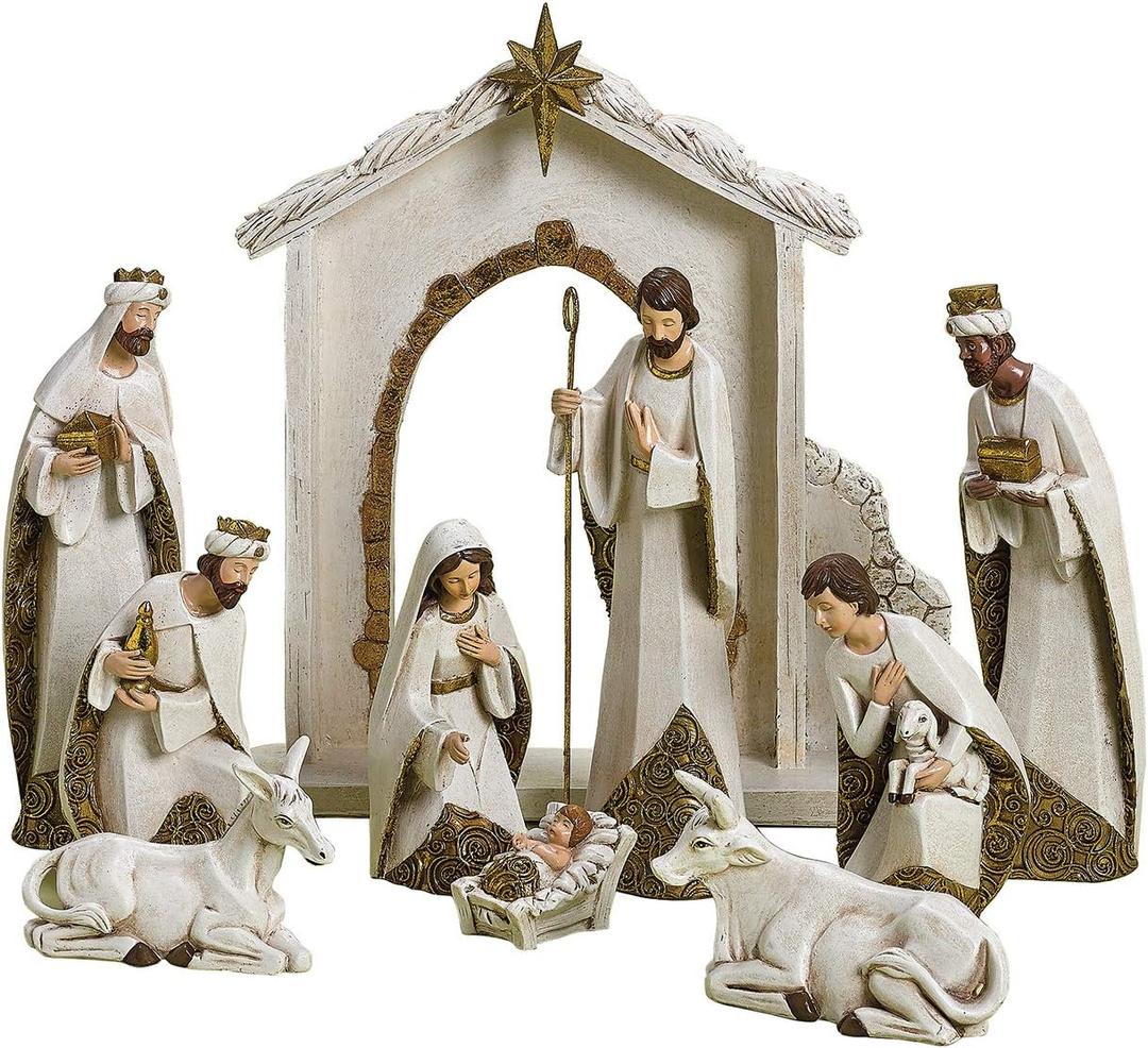 Ivory and Gold Christmas Nativity 10 Piece Set Holiday Decoration New 31379