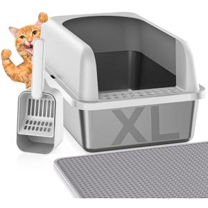 Stainless Steel Litter Box with Lid, Metal Litter Box with Cat Litter Mat,Extra Large Enclosed Cat Litter Boxes for Multiple Cats, Anti-Leakage,Non-Stick, Easy to Clean, Included Mat, Scoop (1 Pack-XL)