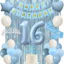 Trgowaul Sweet 16th Birthday Decorations for Girls, Light Blue 16th Birthday Party Supplies, Banner, Sash and Crown, Cake Topper, 16 Number Balloon, Fringe Curtains, 16 Years Old Party Decorations Kit