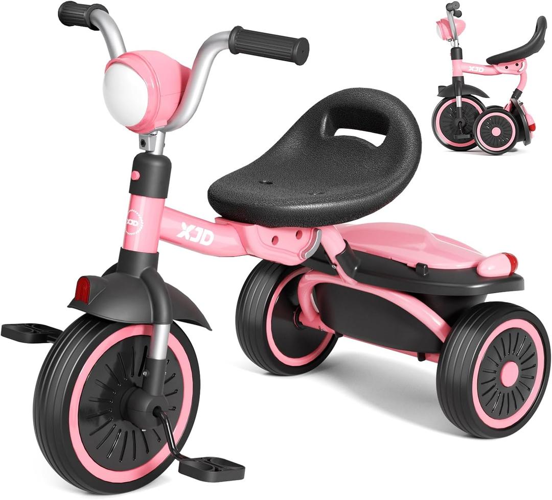 XJD Toddler Tricycle, Foldable Toddler Bike with Pedals, Tricycle for 25 Year Old's, Adjustable Comfortable Seat, Christmas Birthday Gifts for 15 Years Old Boys and Girls (Pink)