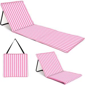 just be... Beach Chair with Backrest, Foldable Lightweight Reclining Beach Mat, Portable Padded Lounge Seat with Carry Strap & Zip Pocket – Pink Stripes, 60 x 20 x 1.7in