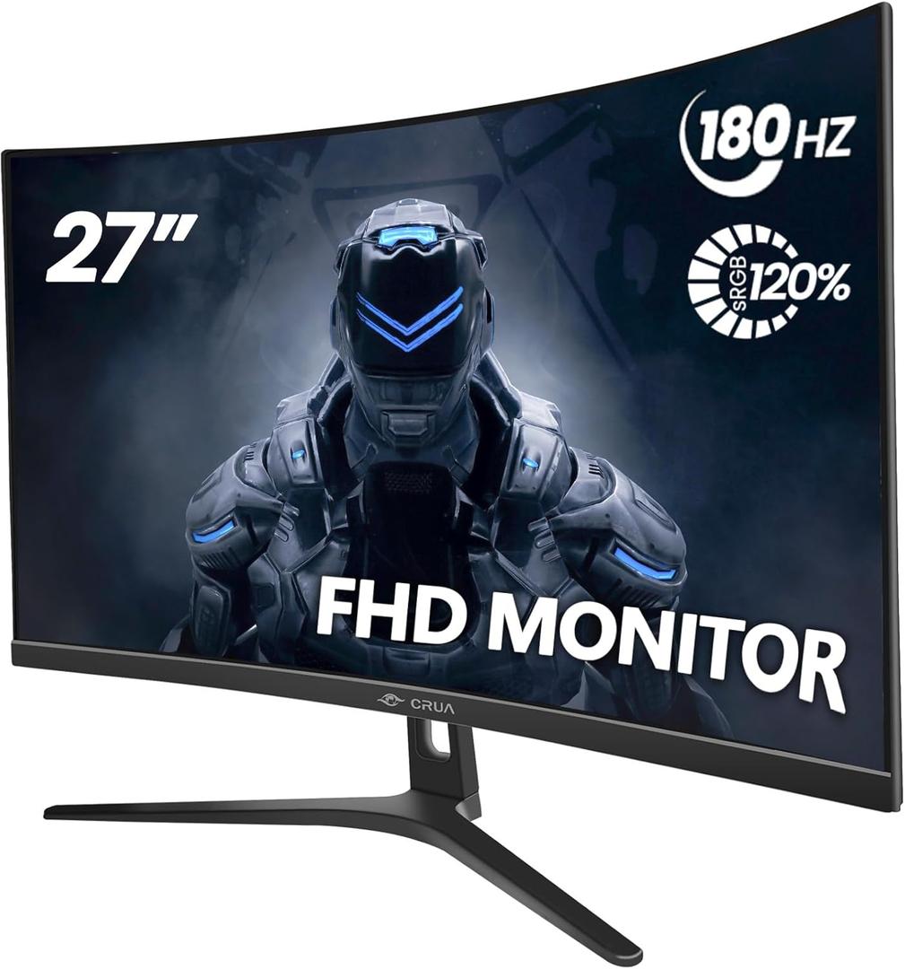 CRUA 27" Curved Gaming Monitor, FHD 1920x1080P, 144Hz/180Hz Computer Monitor, 1800R VA Screen, 120% sRGB, AMD FreeSync, HDMI & DP, Wall Mount Install- Black