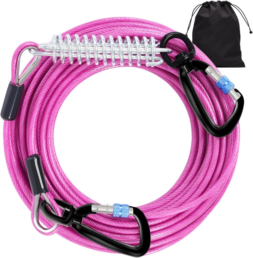 Snagle Paw 20FT Heavy Duty Dog Lead Cable with Shock Absorbing Spring & Swivel Hook, Dog Tether for Yard, Withstand 1000LBS Break Strength (Pink Mauve)