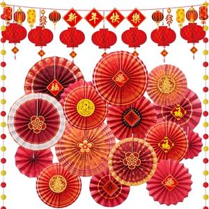 Ragnhild 24 Pcs Chinese New Year Decorations 2026, Chinese Red Paper Fans Lanterns Lunar New Year Decorations, Oriental Hanging Ornaments Banner for Chinese Spring Festival Year of Horse Party Decor