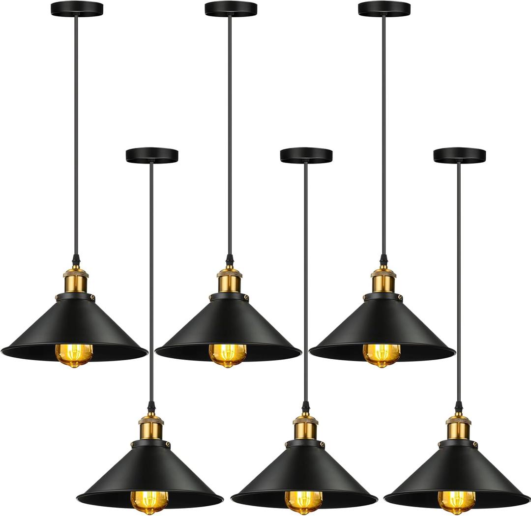 Retisee 6 Pieces Industrial Pendant Lights E26 E27 Base Black Farmhouse Lampshade for Hanging Light Vintage Metal Shade Fixtures Barn for Kitchen Dining Room Home Bar Foyer