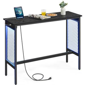 VASAGLE Bar Table with Power Outlets, 47.2 Inches LED Lights Narrow Tall Pub Table, Counter Height Console Desk, Mesh Panels and Metal Frame, for Kitchen, Entryway, Ebony Black and Matte Black