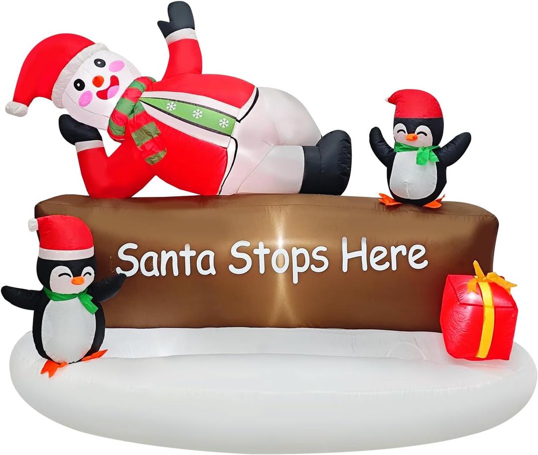 Christmas Inflatable Snowman with Penguins Decotation Blow Up 6FT Snow Man Santa Stops Here Sign Holiday Yard Decoration Gift Box, Perfect for Outdoor Lawn, Garden, or Front Porch Oranments Display