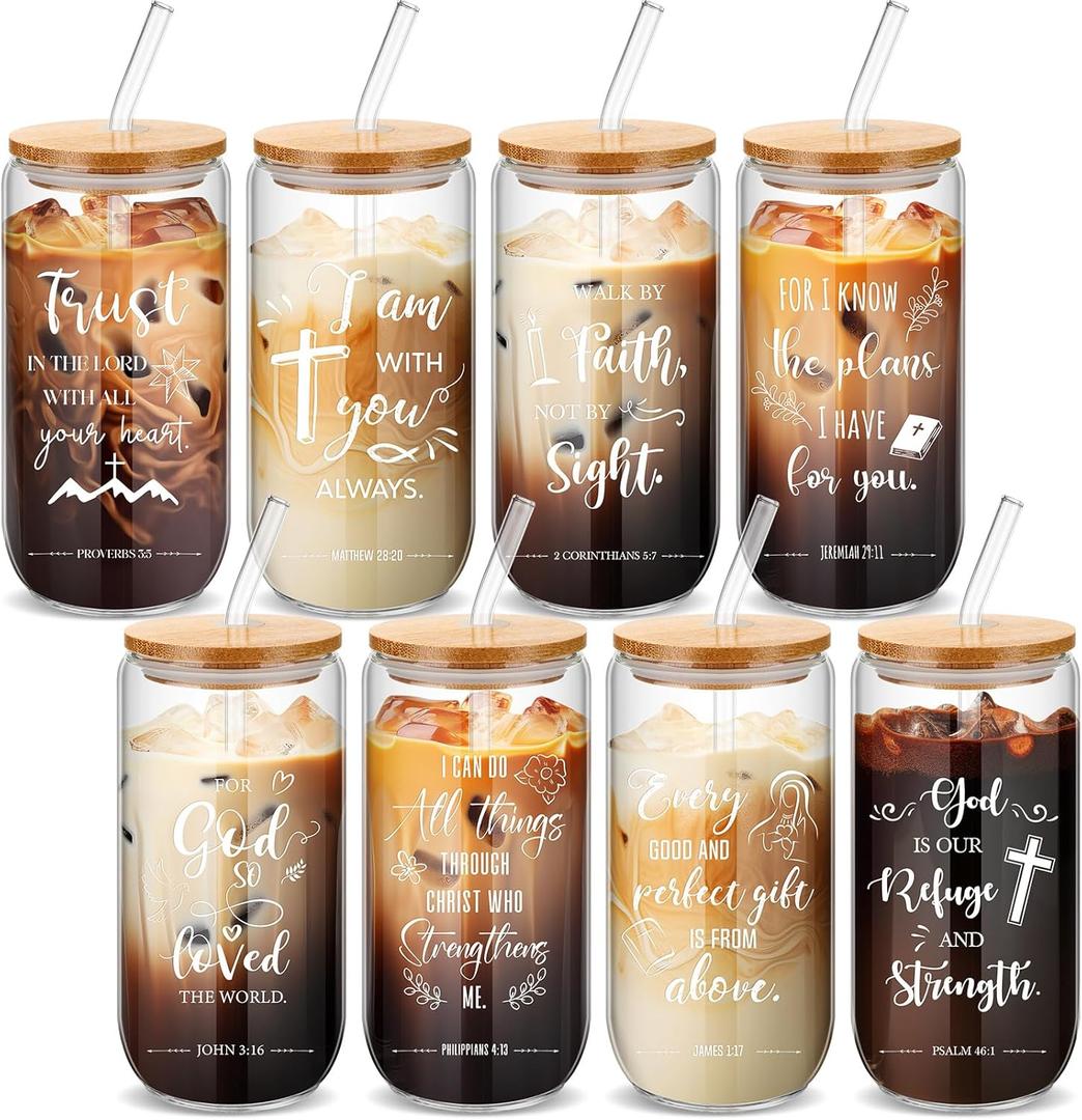 Skylety 8 Sets Christian Glass Cups with Lids and Straws Brushes 16 oz Iced Coffee Cups Inspirational Water Bottle Christian Tumbler Drinking for Women Men Coworkers