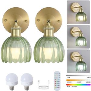 Vintage Battery Operated Wireless Wall Sconces, Rechargeable Gold Wall LightsGreen Tulip Glass Lampshad With Remote Dimmable Wall Lighting Indoor, Led Wall Lamp Fixtures For Bedroom, Living Room