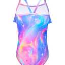 Tziharora Girls Swimsuits Size 3t 4t One-Piece Ruffled Neckline Blue Pink Aurora Bathing Suits with Sun Protection