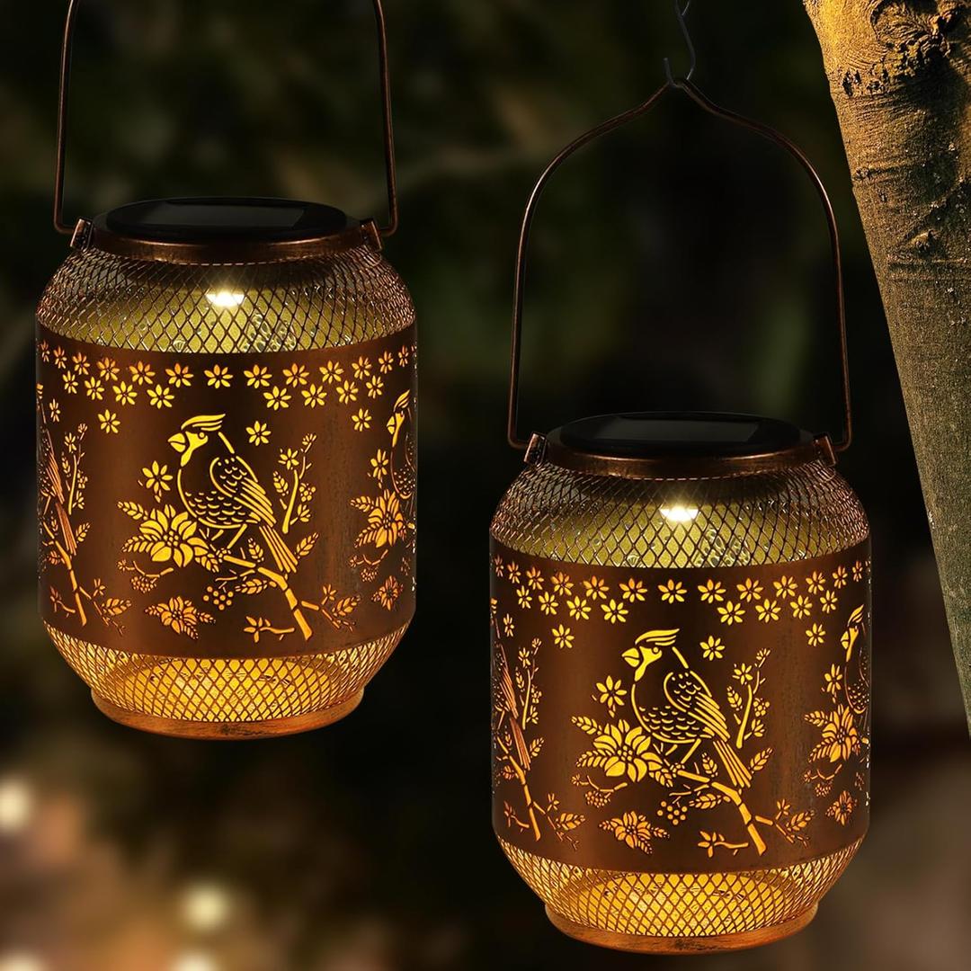 2 Pack Solar Lanterns Outdoor Hanging Cardinal Garden Decorative Christmas Lantern Birthdays Gifts for Women Mom Grandma Metal Waterproof Solar LED Light for Yard, Patio, Lawn, Porch, Backyard