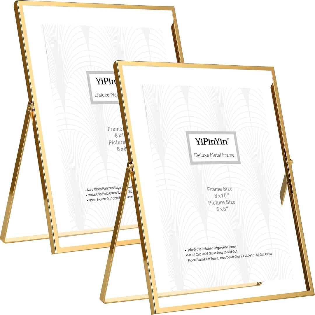 Gold 8x10'' Floating Frame Set of 2,For Photo Sizes (4x 6'',5x7,7x9''), Metal Frames for Tabletop/Shelf Display,Classy Gift Choice for Wedding,Birthady,Home or Office Decor