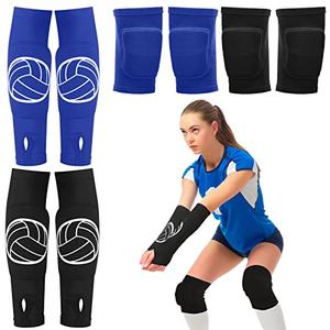 Sosation 2 Set Volleyball Knee Pads and Volleyball Arm (BLUE) Sleeves with Protection Pad Compression Forearm Wrist Guard with Thumb Hole Soft Breathable for Hitting Passing (Black, Blue)