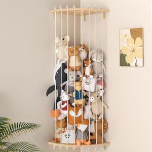 Stuffed Animal Storage Toy Organizer, Wood Corner Plushies Storage Wall Shelf with Adjustable Length, Hanging Stuffed Animal Holder for Kids Playroom Bedroom Organizer
