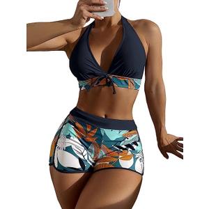 Women 2-Piece Swimsuit Chic Halter Top W/Shorts Bikini Set Swimwear  Floral Tropical Botanical Design (X-Large, Black)