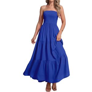 Women's Casual Off Shoulder Maxi Dress Strapless Tube Top Bohemian Beach Long Dresses 092, S