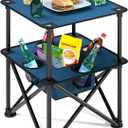 Folding Camping Table, Portable Outdoor Picnic Table, Lightweight Square Camp Table with Built-in 4 Cup Holders Food Basket and Travel Bag for Barbeque Beach Camping and Tailgate Blue