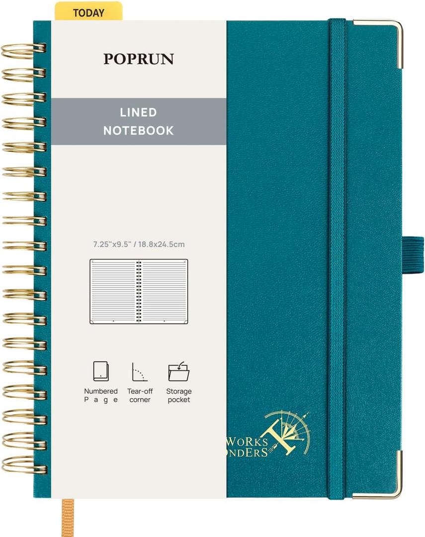 POPRUN Lined Spiral Journal Notebook for Women & Men, B5-7.25 x 9.5in, 220 Pages, 120 GSM College Ruled Notebooks, Hardcover Journals for Work, School, Note Taking Writing, Journaling, Pacific Green
