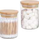 Pack of 2 Glass Qtip Holder Dispenser Set - Apothecary Jars with Lids for Vanity Makeup Organizer - Bathroom Canister Storage Organizer for Cotton Ball, Swab, Round Pads, Floss