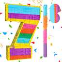 Rainbow Number 7 Pinata with a Blindfold and Bat for Boys Girls 7th Birthday Party, Kids Anniversary Celebration, Fiesta Supplies (16.1 x 10.6 x 3.2 Inches)