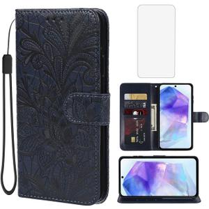 Case for Galaxy A55 5G Case,Samsung A55 SM-A556U Wallet Case with Tempered Glass Screen Protector, Lace Flower PU Leather Flip Credit Card Holder Phone Cover for Samsung Galaxy A55 5G Dark Blue