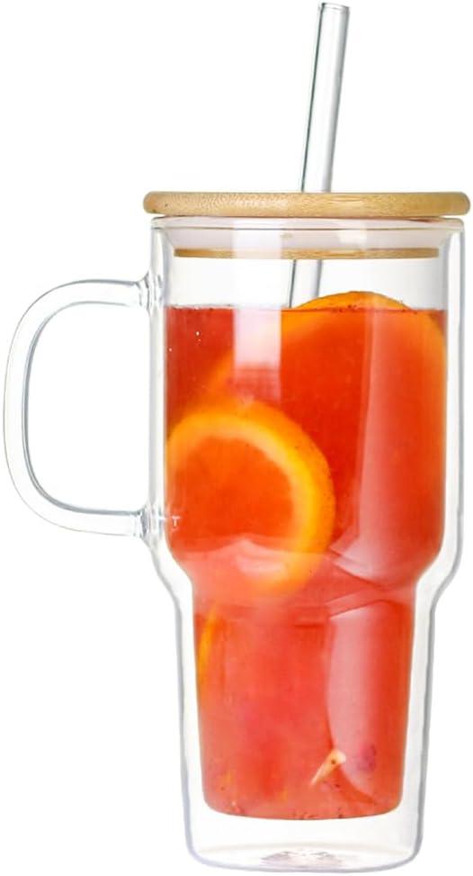 Double Wall Glass Tumbler with Handle and Straw Lid, 20oz Insulated Travel Mug Cup for Hot and Cold Drinks, Clear Glass Drinking Tumbler Cupholder Friendly
