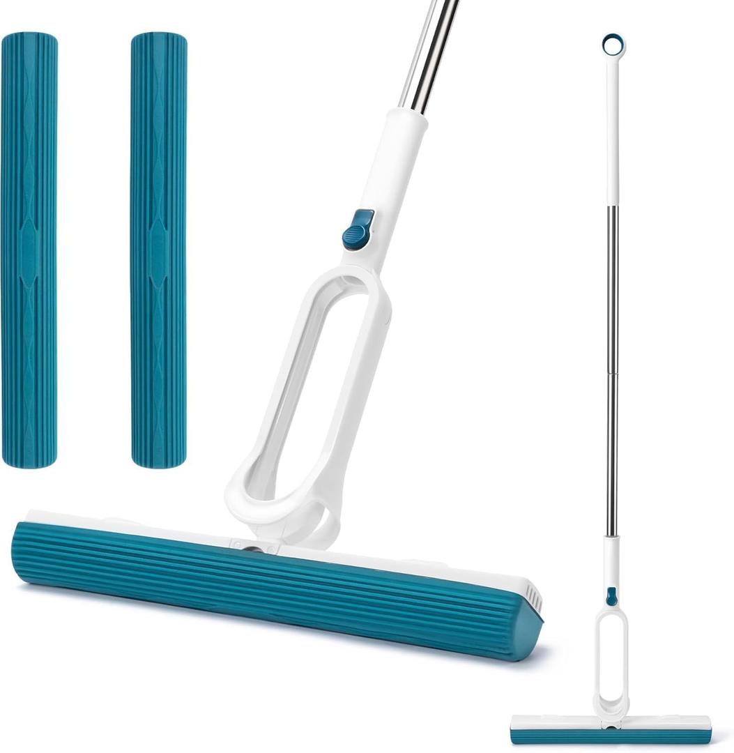 Sponge Mop for Floor Cleaning with 53" Long Handle, Total 2 Sponge Heads (NOT 3), Easily Dry Wringing for Hardwood Tile Concrete Bathroom Kitchen