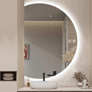 40"28" LED Bathroom Mirror with Lights, Asymmetrical Smart Vanity Mirrors Wall-Mounted with Backlit, Anti-Fog Half Moon Mirror, Stepless Dimmable-3 Colors-Tempered Glass (A-left Cut)