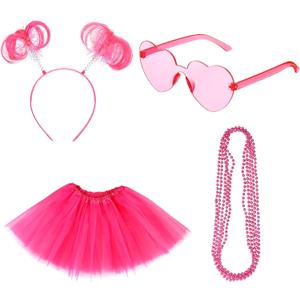 4th of July Tutu Costume Set American Patriotic Pom Pom Headband Layered Tulle Heart Sunglasses Necklaces for Women (Large, Pink)