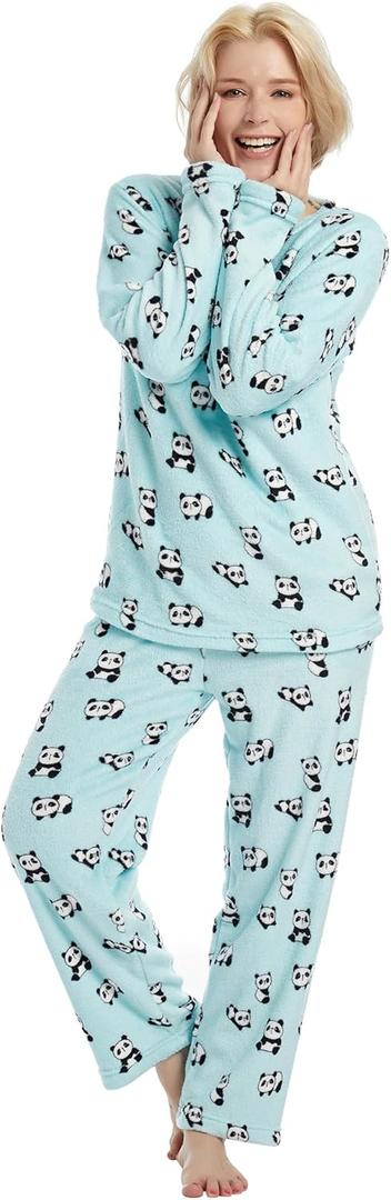 Fleece Pajamas For Women 2 Piece PJ Set Long Sleeve Women's Printed Sleepwear (XX-Large, Blue Panda)