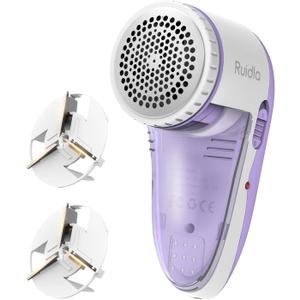 Ruidla Fabric Shaver Lint Shaver Defuzzer, Electric Lint Remover, Rechargeable Sweater Shaver with Replaceable Stainless Steel 3-Leaf Blades, Dual Protection, Removable Bin, (Micro-b Charging) (Purple)