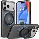TORRAS 360 Magnetic Stand for iPhone 17 Pro Case, [Fit for MagSafe] [Rotatable Ring Kickstand] [4X Mil-Grade Shockproof] Slim Phone Cover, Camera Button, Obsidian Black, Translucent, Ostand O3 Fitness