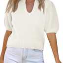 Saodimallsu Womens Puff Short Sleeve Sweater Top Waffle Knit V Neck Spring Summer Cropped Trendy Cute Shirts Blouses, M 