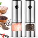 SIMPLETASTE Electric Salt and Pepper Grinder Set with LED Light, Automatic Pepper Mill Shakers with Adjustable Coarseness, One Hand Operation for Kitchen, Dining, Gifting, Silver, Battery Operated