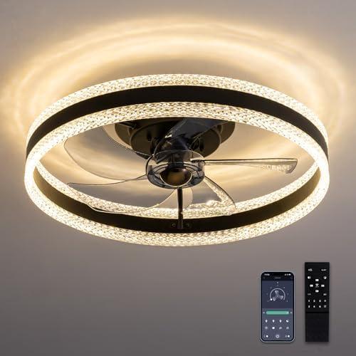 LUDOMIDE Flush Mount Ceiling Fan, Ceiling Fans with Lights and Remote, 6 Winds Speeds, 20” Low Profile Ceiling Fan 3000-6000K Dimmable LED Light for Bedroom, Living Room, Dining Room and Kitchen
