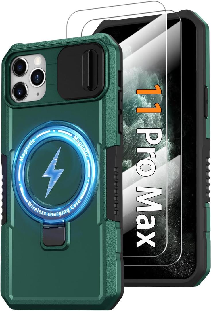Magnetic Case for iPhone 11 Pro Max, with Ring Stand [Glass Screen Protector] [Compatible with MagSafe] Military Grade Case with Camera Cover, Heavy Duty Shockproof Cover for iPhone 11 ProMax, Green