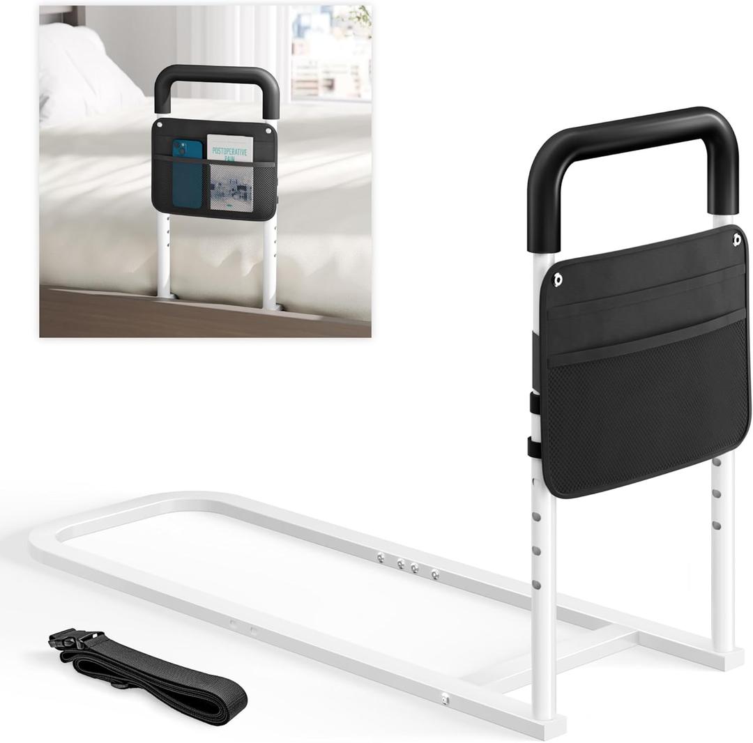 Bed Rails for Elderly Adults Safety - Adjustable Flat-Tube Design Bedrail for seniors with Storage Pocket and Non-Slip Handle for Getting in&out of Bed, hold up to 300LBs - Fits Twin Full Queen King
