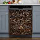 Dishwasher Cover Sticker 23x26 Inch, Rustic Dark Wood Carved Floral Relief Pattern Vinyl Decal, Waterproof Removable Dishwasher Door Wrap for Kitchen Appliance Decor(Brown), 23 inches x 25.5 inches