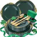 125PCS Green and Gold Plastic Plates - Fancy Green Disposable Plates - Vintage Plate with Gold Plastic Silverware Set for 25 Guests for Party Wedding St. Patrick's Day