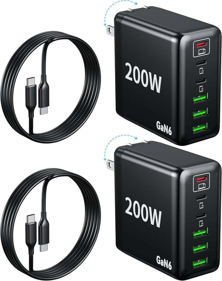 2 Pack USB C Charger Block 200W,6 Port Foldable Fast Charger Type C Charger iPhone 17 16 Fast Charging PD 3.1 Charging Station for All iPhone/Samsung Galaxy S25/S24/MacBook Pro/iPad