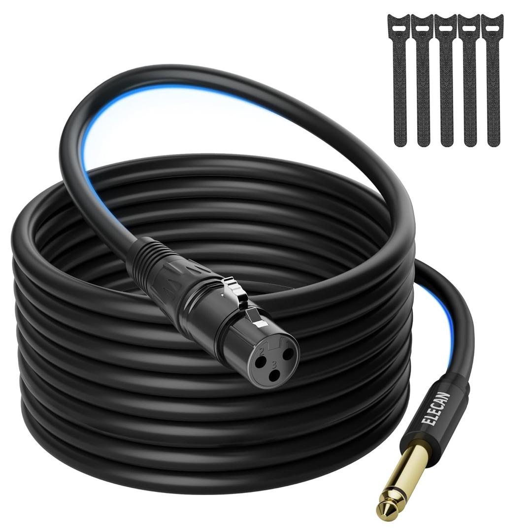Elecan XLR Female to 1/4 Inch 6.35mm TS Mono Microphone Cable 25 Ft, Professional Unbalanced Patch Cord Adapter for Mic Console, Stage, Speakers, Mixers, AMP, DJ, Instruments Studio Audio+5 Ties