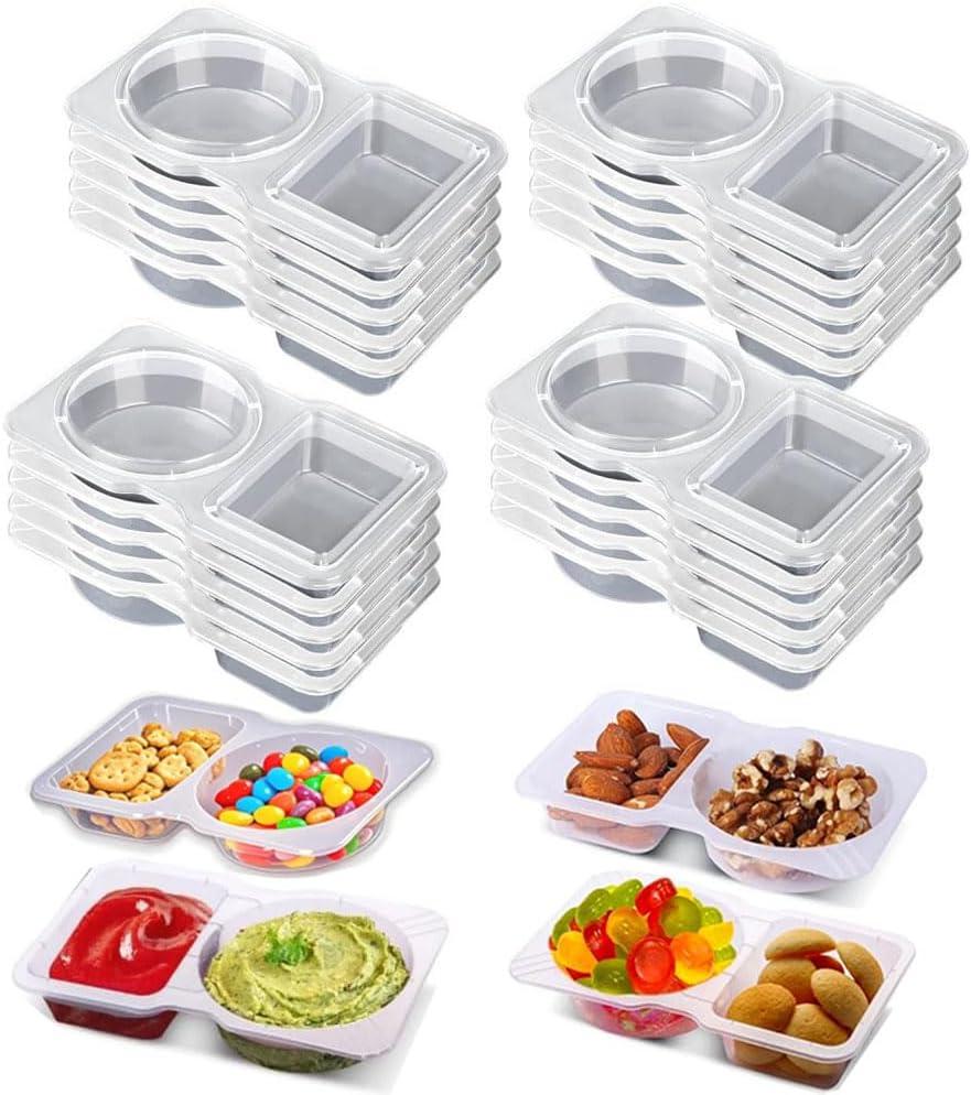 3 x 20 Sets Snack Condiment Containers with Lid, Disposable Double 2 compartments Dipping Container Refrige, Reusable Takeaway Sauce Dip Case Storage for Outdoor Sampling Travel Picnic Take-out (20)