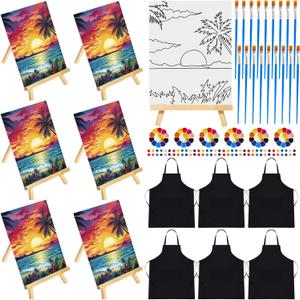 Motipuns 6 Set Pre Drawn Canvas for Painting for Adults Sip and Paint Kit with Easels 8 x 10 Inches Paint Party Kit with Printed Canvas Paints Brushes Palette Apron(Seaside Sunset)