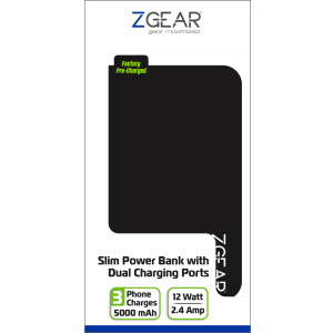 ZGear 5000 mAh Slim Dual Charging Port Power Bank - Black