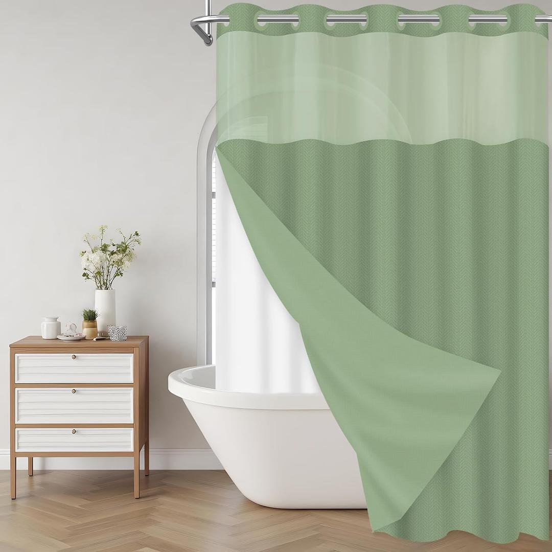 AXURXUI No Hook Shower Curtain with Snap in Liner and Sheer Window, Chevron Striped Hotel Luxury Curtain for Bathroom Decor, Washable and Quick Install, Green, 71x84 Inches